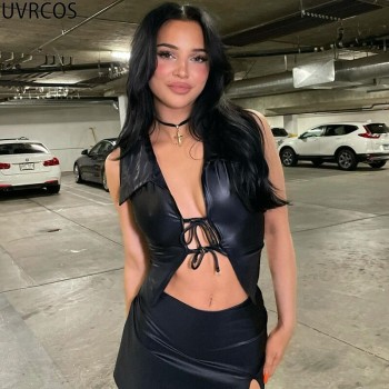 Two Piece Set Women Summer Simenual Y2K Clothes Leather Hollow Out Lace Up Sexy Cleavage Tees+Straight Skirt Club Outfit