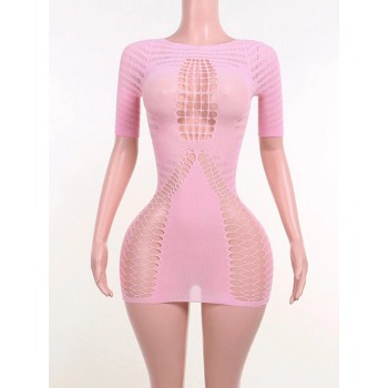 Short Sleeve Cut Out Hole Pink Mini Dress Bodycon Sexy See Through Party Club Outfits Festival