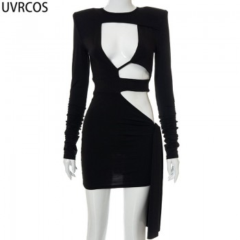 Fashion Autumn Mini Dress New Trendy Solid Long Sleeve Chest Hollow Out Sexy Hot Cyber Y2K 