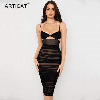 Black Double Layer Midi Dresses For Women Summer Sexy Sleeveless Hollow Out Slim Dress Partywear Backless