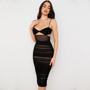 Black Double Layer Midi Dresses For Women Summer Sexy Sleeveless Hollow Out Slim Dress Partywear Backless