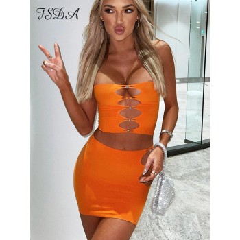 Mesh Summer Hollow Out Sexy Crop Top And Bodycon Skirts Mini Party Two Piece Set Women