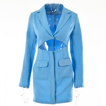Autumn Fashion Long Sleeve Blazer Dress Women Sexy Notched Collar Hollow Out Buttons Jacket Office L