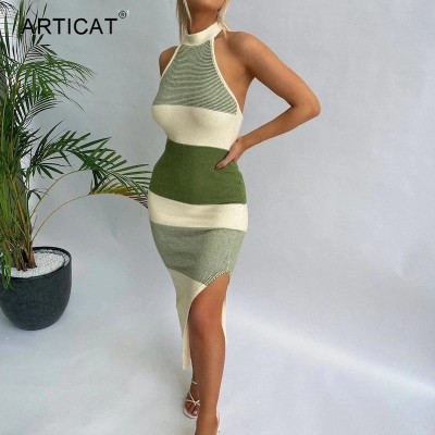 Green Knitted Backless Sheath Dresses For Women Halter Sleeveless Split Midi Dress 2021 Fashion Patchwork
