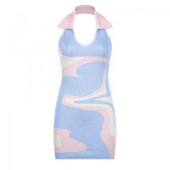 Dress Women Summer Printing Knitted Dress Sexy Low Cut Neck-mounted Sleeveless Party Vintage Mini