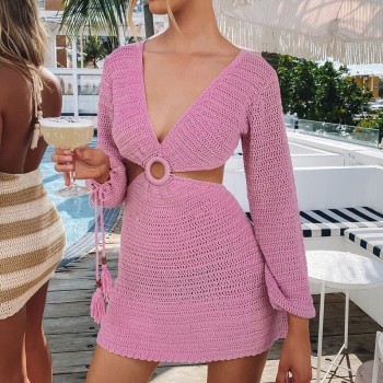 Summer Knitted Long Sleeve Beach Dress Women Sexy Backless Hollow Out V Neck Party Mini Casual Dresses