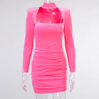 Spring Pink Turtleneck Hollow Out Slim Dress Women Velvet Long Sleeve Shoulder Pad Dress Elegant Ruched
