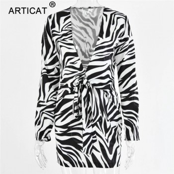 Zebra Print Bandage Shirt Dress Women V-Neck Outwear Female Long Sleeve Autumn Beachwear Women Printed