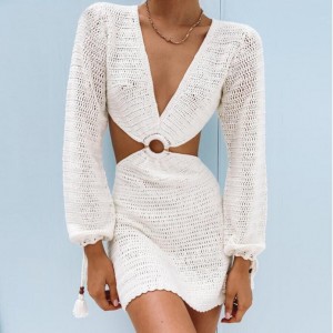 Summer Knitted Long Sleeve Beach Dress Women Sexy Backless Hollow Out V Neck Party Mini Casual Dresses