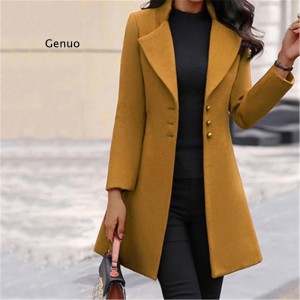  Long Sleeve Woolen Coat Lapel Solid Color Long Jacket Coat Korean Version Yellow Gray Black