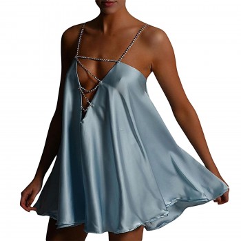  Diamante Chain Satin Low Back Swing Dress With Iridescent Crystal Straps and Neck
