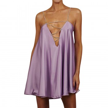  Diamante Chain Satin Low Back Swing Dress With Iridescent Crystal Straps and Neck