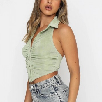 High Quality Crop Tops Women Basic Clothing 2021 Summer Turn-down Collar Female Casual Backless Vintage
