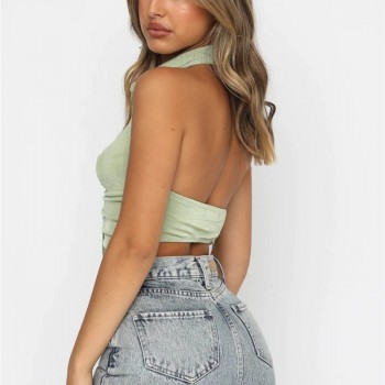 High Quality Crop Tops Women Basic Clothing 2021 Summer Turn-down Collar Female Casual Backless Vintage