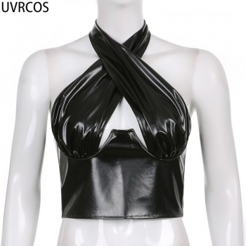 Summer Clothes For Women Sexy Cleavage Bar Night Club Outfit Solid Faux PU Leather Cross Hipster Cyber Y2k Crop Top
