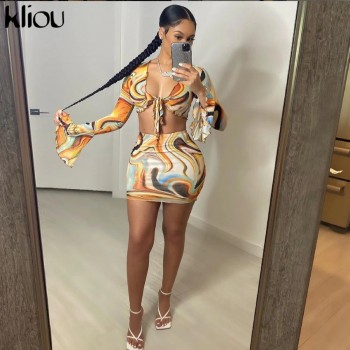 Bow Lace Print Sheath Sexy Women Two Piece Sets 2021 Flare Sleeve V-Neck Hot Female Mesh Ruched Clubwear Outfits