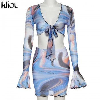 Bow Lace Print Sheath Sexy Women Two Piece Sets 2021 Flare Sleeve V-Neck Hot Female Mesh Ruched Clubwear Outfits