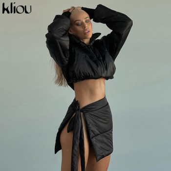 Two Piece Set Women Skirt Hipster Thicken Turtleneck Long Sleeve Street Top+Sexy Side Bandage Female Skirt