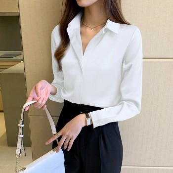 Silk Shirts Women White Shirt Women Long Sleeve Shirts Blouse Office Lady Satin Silk Blouse Tops 