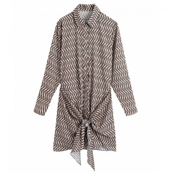 Long Sleeve Turn Down Collar Geometrical Print Sashes Mini Dresses Robe Khaki