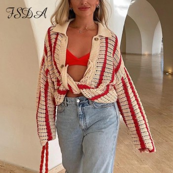 Knitted Long Sleeve Cardigan Women Red Stripe Loose Autumn Winter Fashion Casual Sweater Top V Neck Oversized
