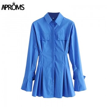 Elegant Blue Cotton Shirt Dress Women Spring 2021 High Fashion Solid Color Flared Sleeve Bodycon Mini Dresses