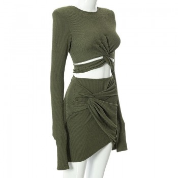 Knitted Long Sleeve Two Piece Skirt Set Elegant Fashion Birthday Party Club Pink Green