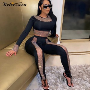 Black Diamond Crystal 2 Pieces Pant Set New Women O Neck Top And Long Pants Suit Party Clubwear Matching Set