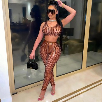 Sexy Fishnet Hollow Out Two Pieces Pant Set Women Sleeveless Crop Top And Long Pant Suits Clubwear 2 Piece Outfits