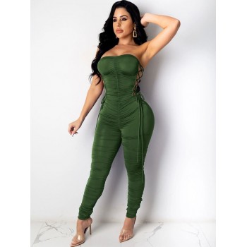 Sexy Strapless Side Lace Up Long Pant Jumpsuit Women Overalls Bandage Skinny Bodycon 