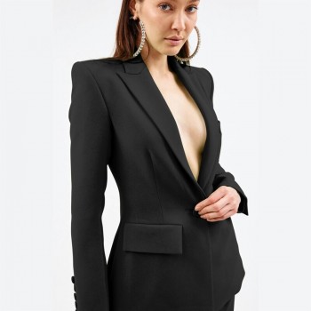 Blazer Women Long Sleeve Buttons Office Lady Blazer Coat Pockets 2 Layer Slim Fit Fashion Solid Color