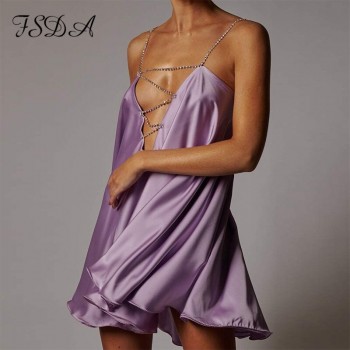 Summer Diamond Party Dress Women Backless Mini Purple A Line Club Sleeveless Elegant Sexy Satin Dresses