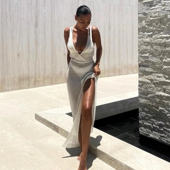 Crochet Beach Maxi Dress for Women See Through Sexy Plunge Backless Bandage Sleeveless Lacing Split Long Dresses