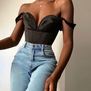 Crop Tank Top Padded Boning Double Layers Cami Adjusted Aesthetic Black Corset Top Women