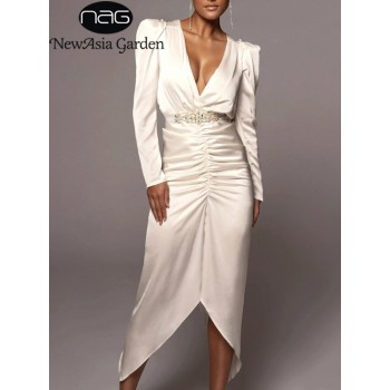 Satin Maxi Dress Ruched Hollow out Backless Split Puff Sleeve Robe V Neck 2Layer Lining Women Fall Elegant 