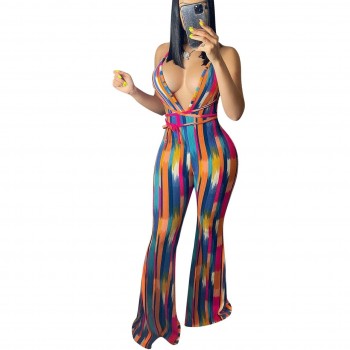  Halter Backless Striped Jumpsuit Womens Summer Clothing 2021 African Flare Pants Suits
