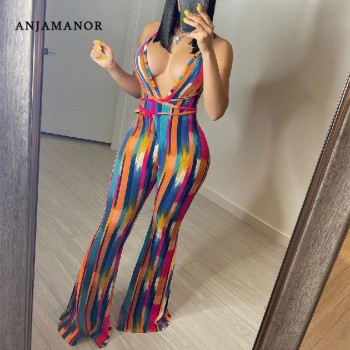  Halter Backless Striped Jumpsuit Womens Summer Clothing 2021 African Flare Pants Suits