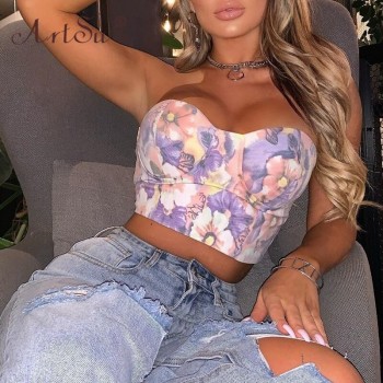 Push Up Padded Crop Top Women Backless Floral Print Sexy Bustier Summer Tops Cropped Strapless Tank Top Elastic Corset