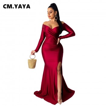 Winter Women Off Shoulder Plunging V-neck High Side Split Mermaid Maxi Dress Sexy Night Party