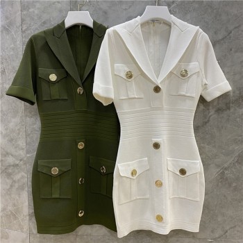 Ice Silk Knit Dress Sexy V-Neck Short Sleeve Buttons Bodycon Club Party Evening Female Clothing