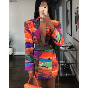 Notched long sleeve Graffiti print blazers vintage Office Lady Outfit High Street Coat