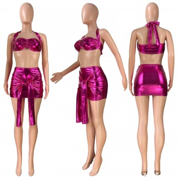 Sparkling Sexy Night Club Women Mini Dress Halter Neck Crop Top Bandage Skirts Matching Set