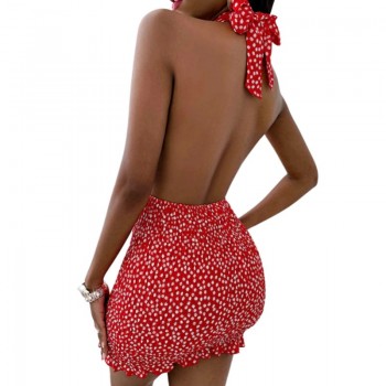 Women Close-fitting Backless Dress Sexy Floral Printed Pattern Halter Neck Hollow Out Short 
