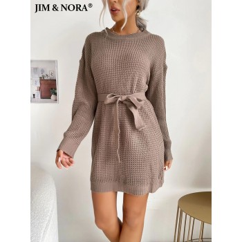 Long Sleeve Round Neck Tunic Knit Mini Sweater Dress Soild Colour Casual Dresses Fashion Loose Pullover Brown