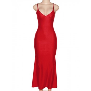 Shiny Red Spaghetti Strap Maxi Dress Women Sexy V-neck Sleevelss Backless