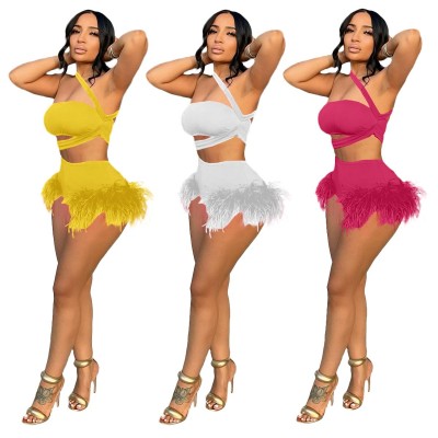 Feathers 2 Piece Set Women Summer Sexy Skew Strap Bandage Tube Crop Top + Shorts Rave