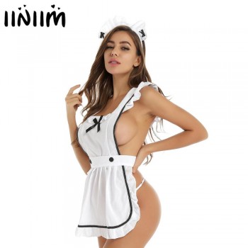Lingerie Sexy hot Parties Maid Dress Up Retro Apron Kitchen Cooking Cleaning Dress Cosplay Sexy Costume with Thongs
