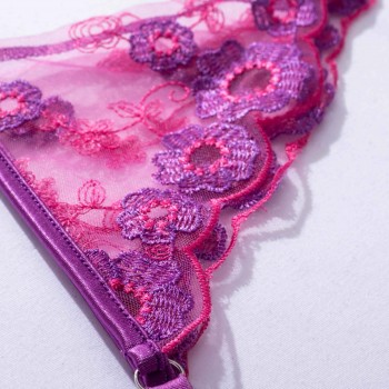 Lingerie Fancy Female Underwear Embroidery 3-Pieces Luxury Lace Bra And Panty Sexy Garters Transparent Purple