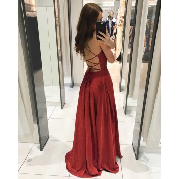A-Line Spaghetti Straps Red Satin Prom Homecoming Dresses Robe Sparkly Floor Length Backless 