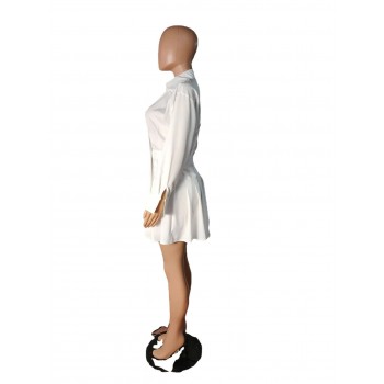 Turn Down Collar Long Sleeve Shirt Dress Pleated Ruched White Mini Dresses